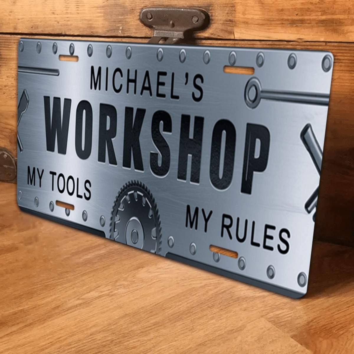 Workshop Tools And Names - Personalisiertes Namens-Werkstatt-Aluminiumschild 6x12 Zoll – Rustikales,